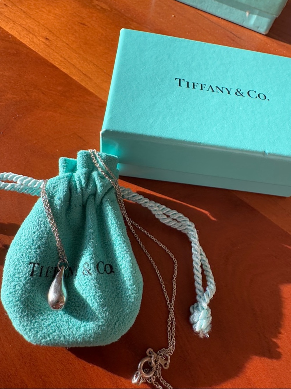 Tiffany & Co. Sterling Silver Teardrop Pendant Necklace - Turquoise Accents